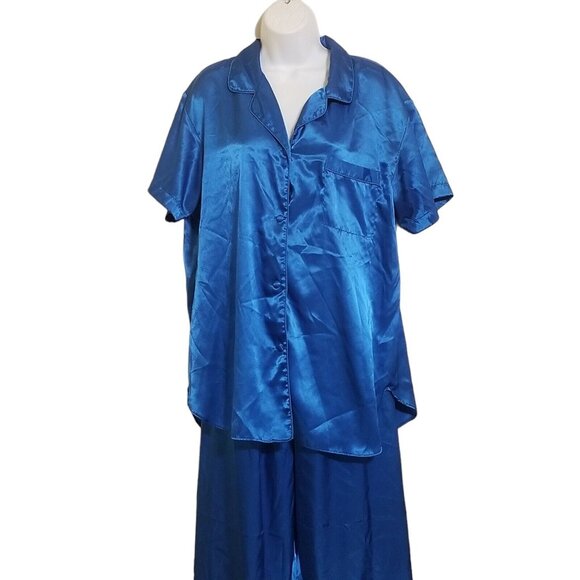 Edgemont Womens Satin Pajamas 1X Pants Top 2 Pc Lounge Set Blue Polyester - Picture 1 of 13